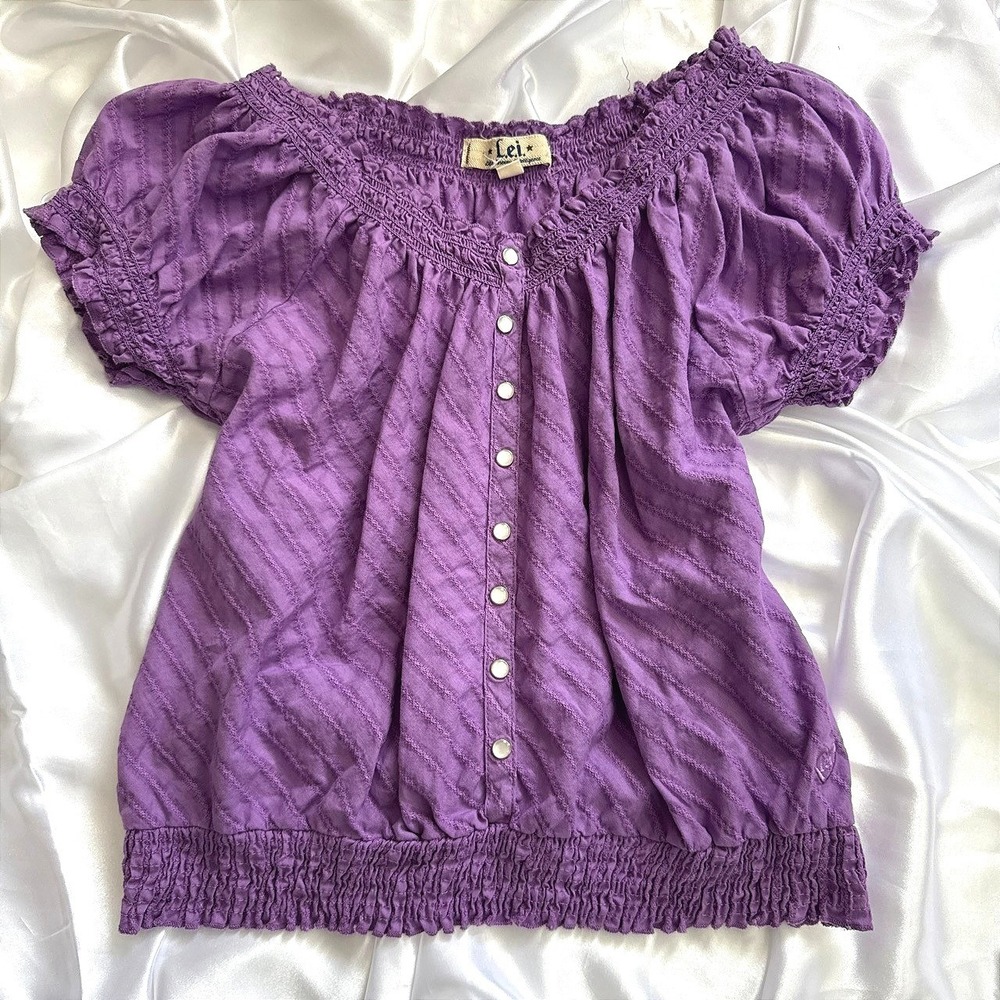 L.E.I. Purple Smocked Peasant Blouse Button Front Puff Sleeve Top XL